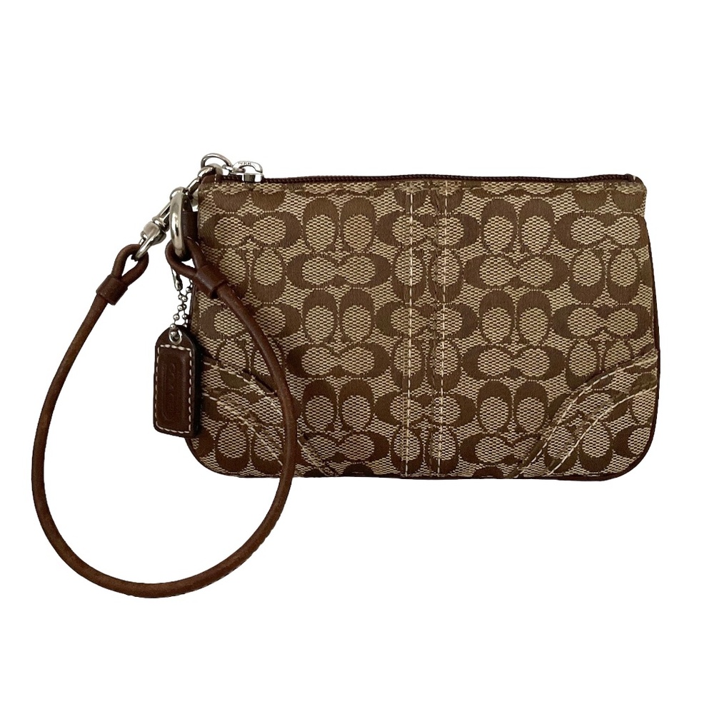 COACH Small Brown Signature Wristlet Coin Purse Makeup Cosmetic Accessories Bag